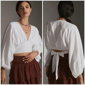 NWT DOLAN V-NECK BLOUSE XXS puff long sleeve white crop top